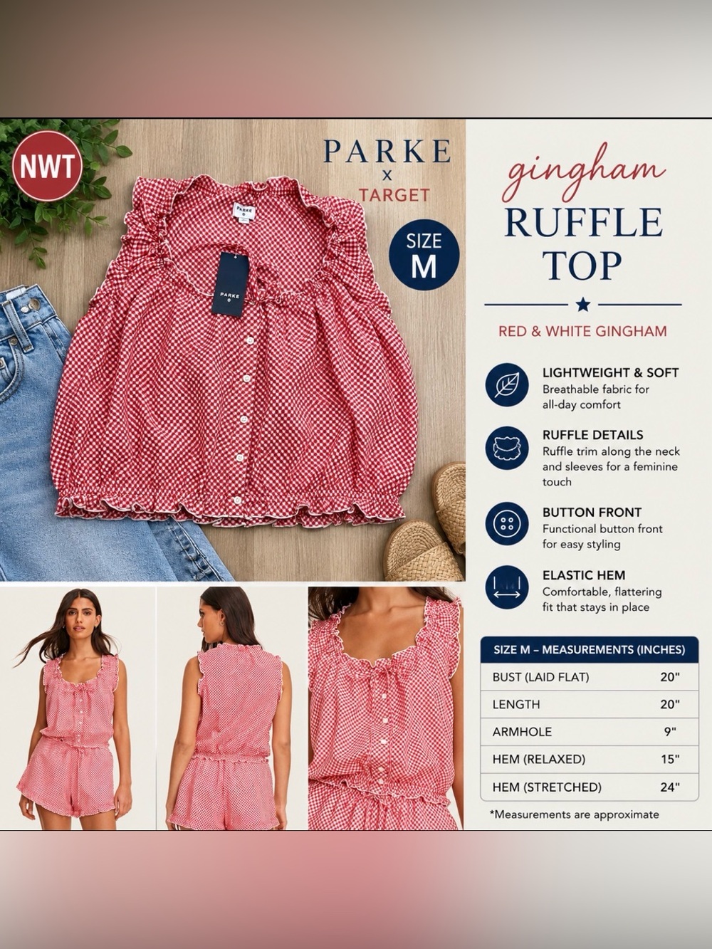 Parke x Target Red & White Gingham Ruffle Sleeveless Top Sz medium